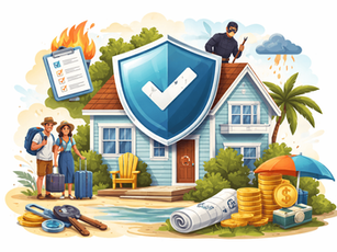 Couple with luggage near a house shielded by a giant checkmark. Thief on roof. Coins, keys, plans nearby. Clipboard on fire. Tropical vibe.