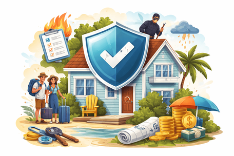 Couple with luggage near a house shielded by a giant checkmark. Thief on roof. Coins, keys, plans nearby. Clipboard on fire. Tropical vibe.