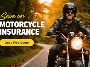 Man riding motorcycle on forest road, smiling. Text: "Save on Motorcycle Insurance. Get a Free Quote." Warm, sunny atmosphere.