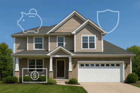 Tan house with white trim under a clear blue sky. Overlaid icons: piggy bank, shield, and dollar symbol suggest finance and security.