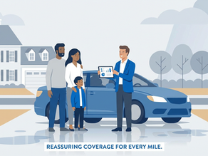 Family stands by blue car with an agent showing a policy. House and trees in the background. Text below reads: "Reassuring coverage for every mile."
