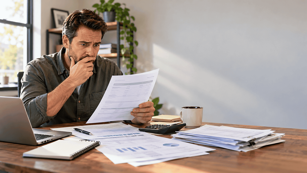 Connecticut small business owner reviewing an unexpected workers compensation audit bill at his desk.