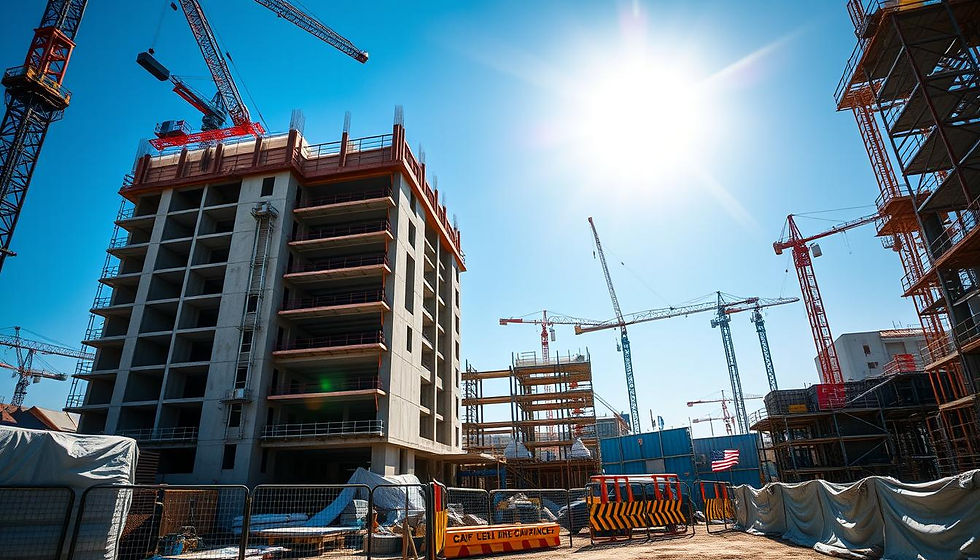 A bustling construction site with various building materials, cranes, and scaffolding, showcasing a partially completed structure under a bright blue sky. Include protective tarps and barriers around the site, symbolizing security and risk management in construction. Emphasize the contrast between the unfinished elements and the surrounding safety features to highlight the concept of builder's risk insurance.