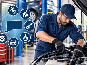 Workers’ compensation claims in Connecticut auto repair shops, featuring a mechanic and common workplace injury risks such as slips, lifting injuries, cuts, burns, and vehicle accidents