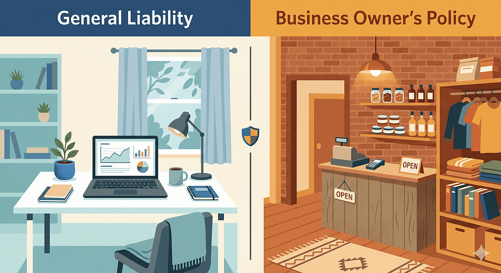 Split-screen office and boutique shop labeled General Liability and Business Owner’s Policy, with desk laptop and OPEN sign.