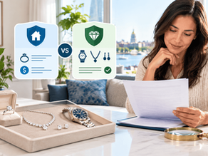 Jewelry insurance vs. personal articles floater comparison, showing valuable jewelry and a homeowner reviewing options for protecting high-value personal belongings.