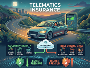 Illustrated car on winding night road with telematics insurance graphics, drive score 88, and lower/higher premium data panels.