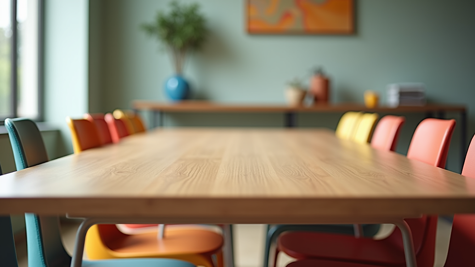 Close-up view of a modern wooden dining table with colorful chairs