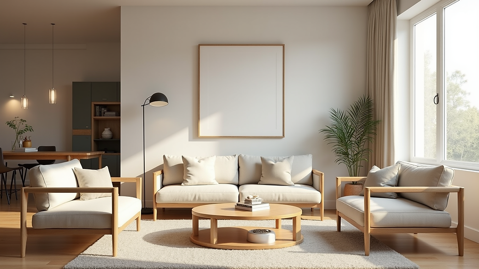 Eye-level view of a modern living room with natural wood furniture and neutral colors