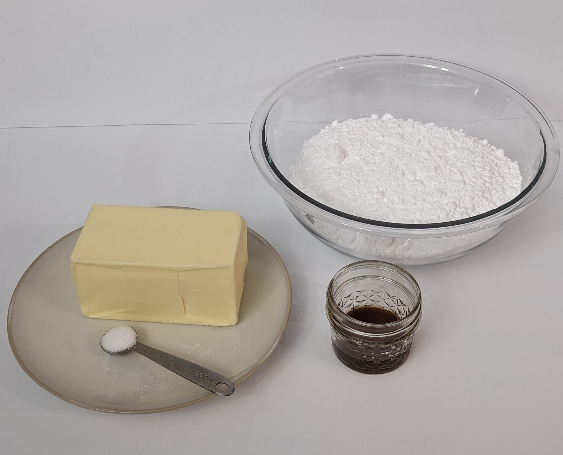 baking ingredients: butter, powdered sugar, vanilla salt
