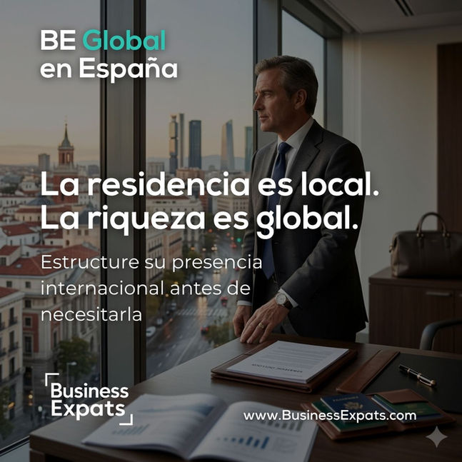 Empresario internacional analizando estrategias de residencia fiscal, patrimonio global y movilidad internacional desde España