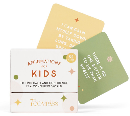 Affirmations for Kids to find calm and confidence in a confusing world affirmation card deck. Cards read: "I can calm myself down by taking long, deep breaths" and "there is no one better to be than myself."