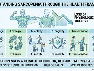 Infographic explaining Sarcopenia and the loss of physiological reserve through the HEALTH framework. Icons represent neuromuscular aging, energy metabolism, functional activity, longevity, mobility transformation, and health habits. A clinical guide to muscle health and functional independence in older adults from GeriAcademy.