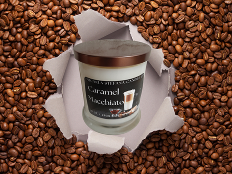 Caramel Macchiato candle bursting out of a photo of coffee beans.
