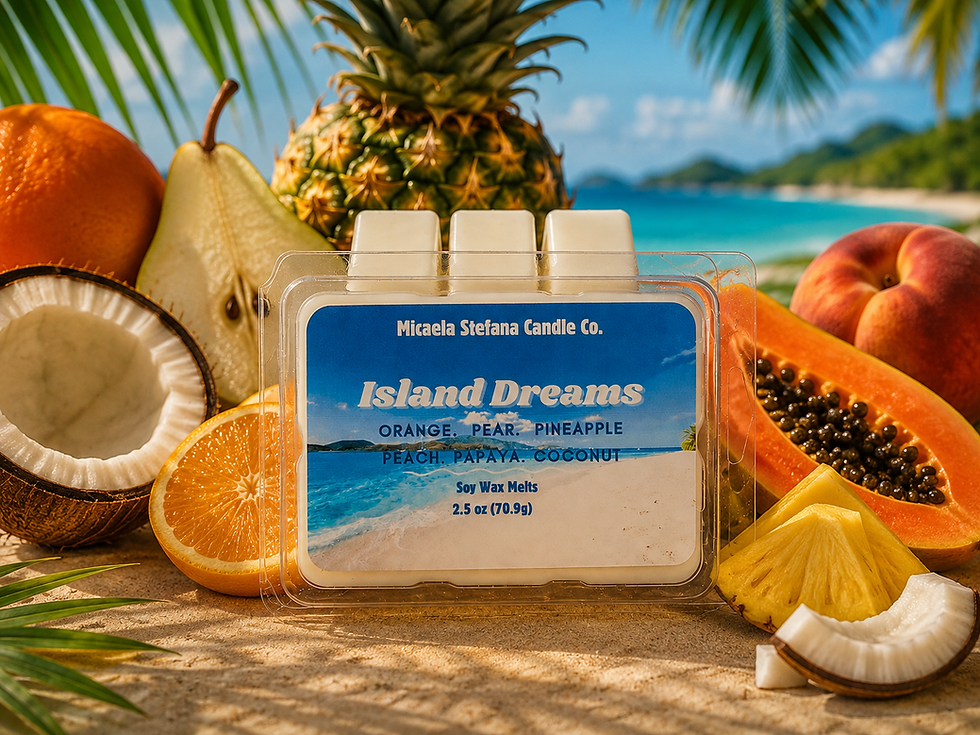 Island Dreams Tropical Soy Wax Melts in a clear clamshell. Front view.
