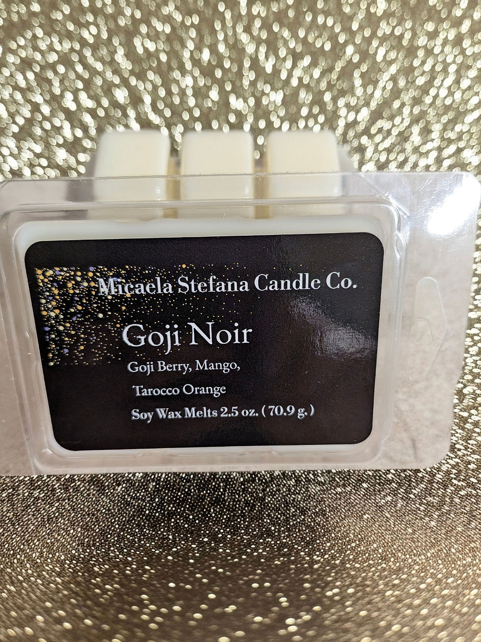 A six pack of Goji Noir scented soy wax melts in a clear clamshell.