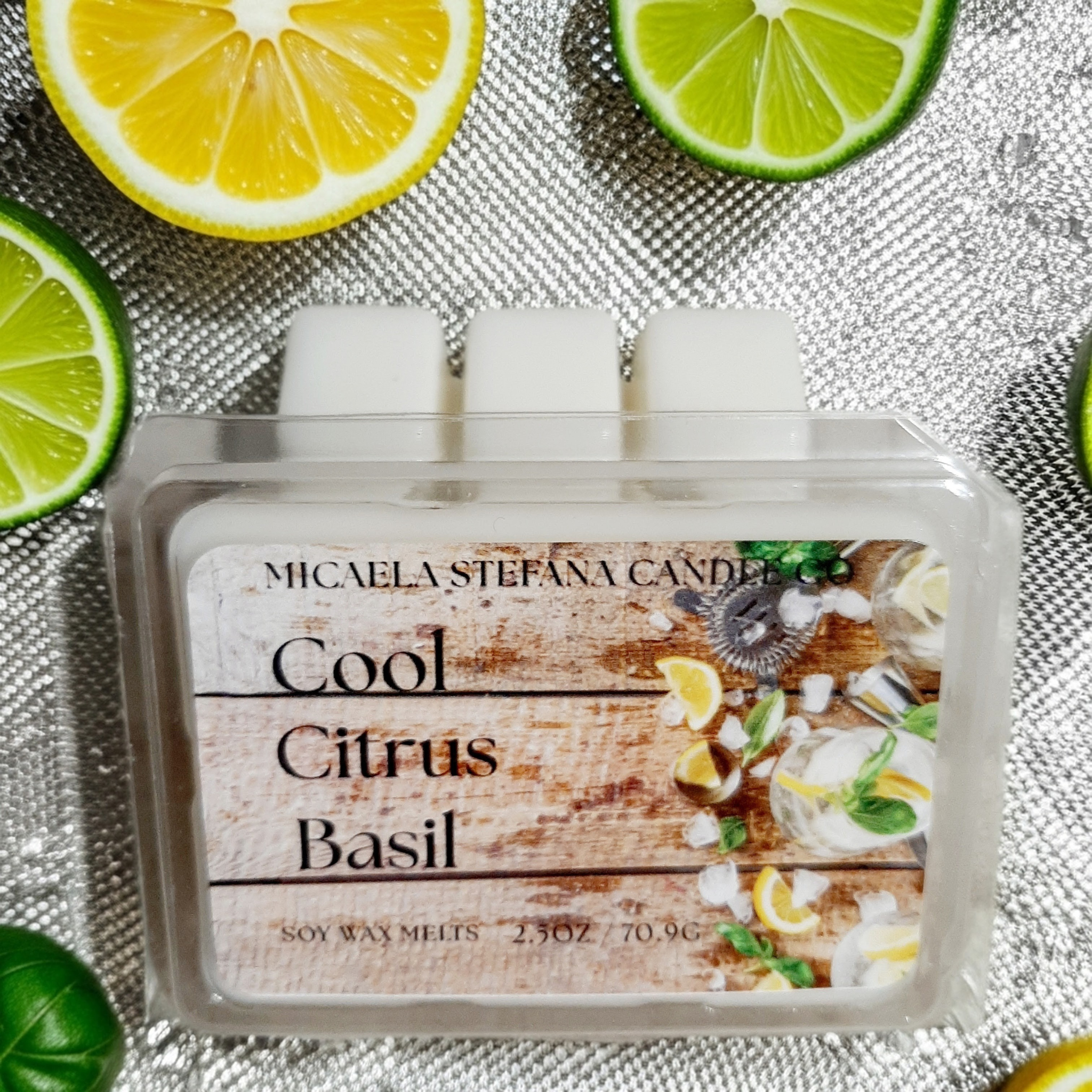 A six pack of Cool Citrus Basil soy wax melts in a clear clamshell.