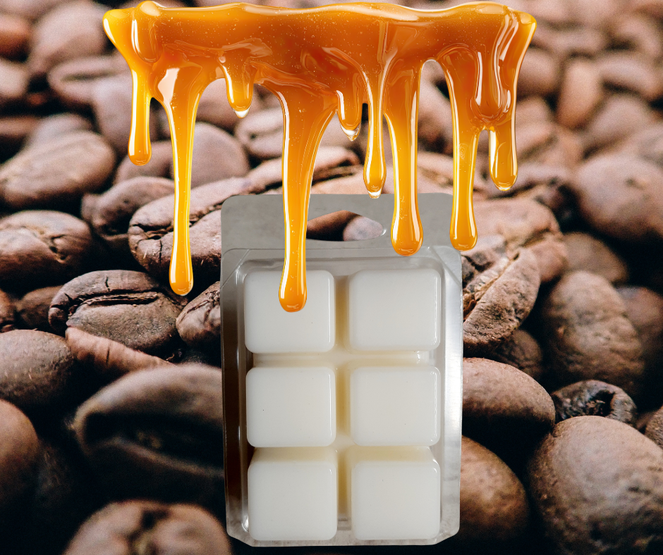 Back view of a six pack of Caramel Macchiato soy wax melts in a clear clamshell.