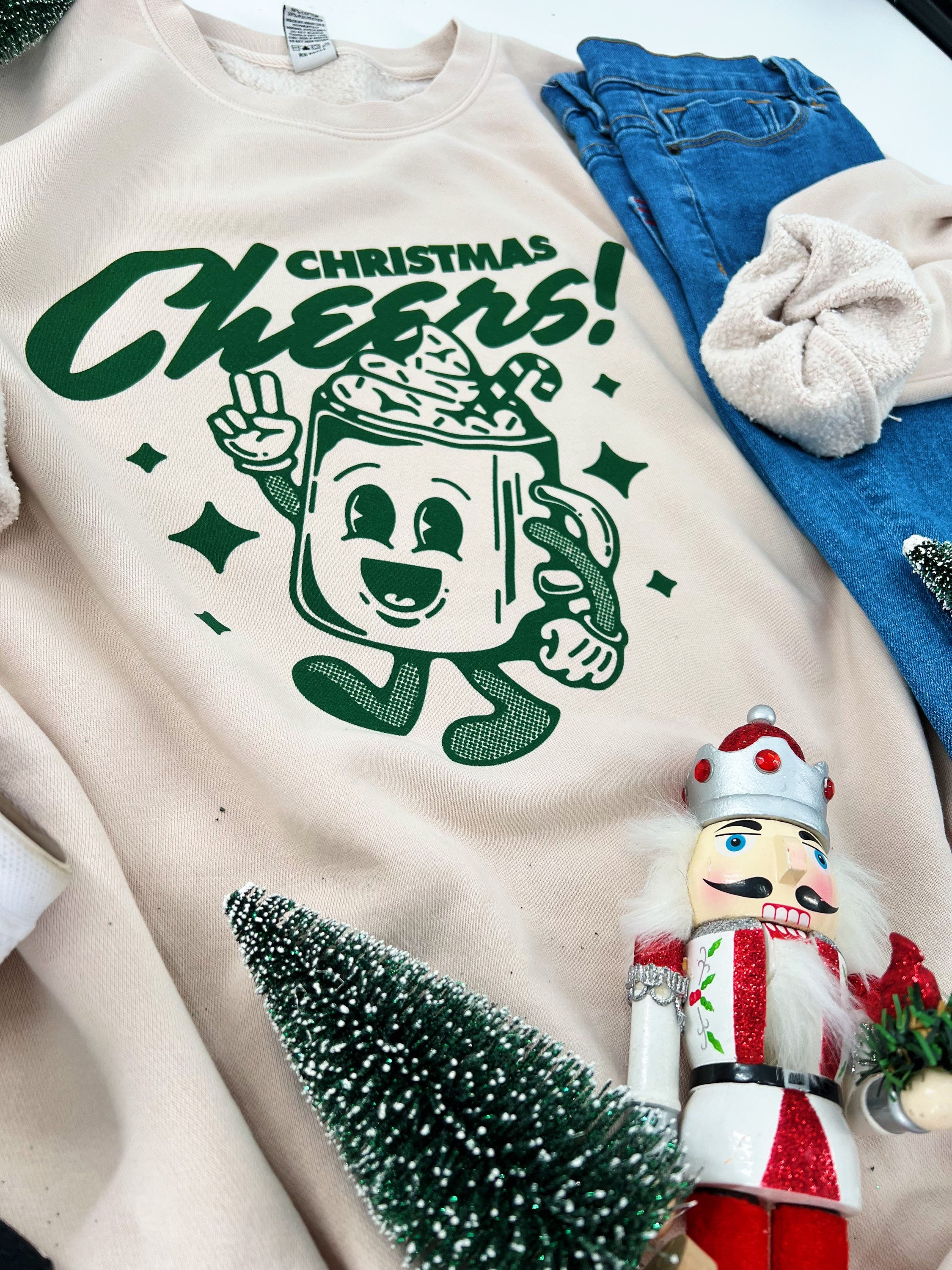Retro Christmas Cheers Screen Printed Holiday Graphic T-Shirt