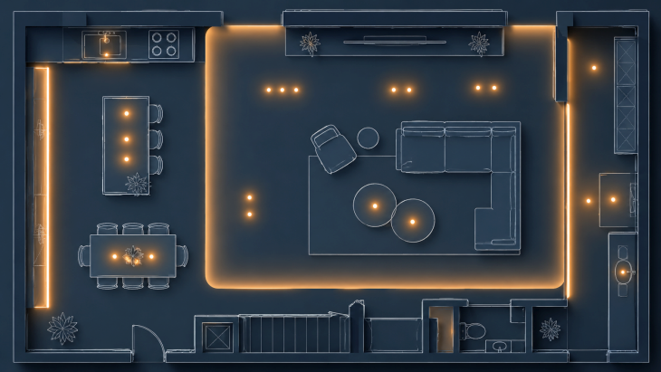 High angle view of architect's desk with lighting plans and tools