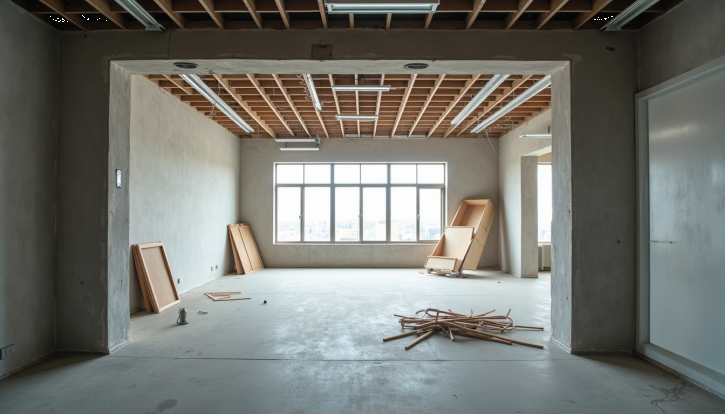 Eye-level view of a commercial space under renovation with construction materials