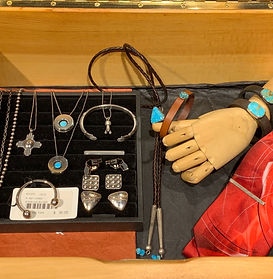 Necktie / tie, silver cufflinks, bracelets, pendants, chains, silver and turquoise bolo tie with leather straps
