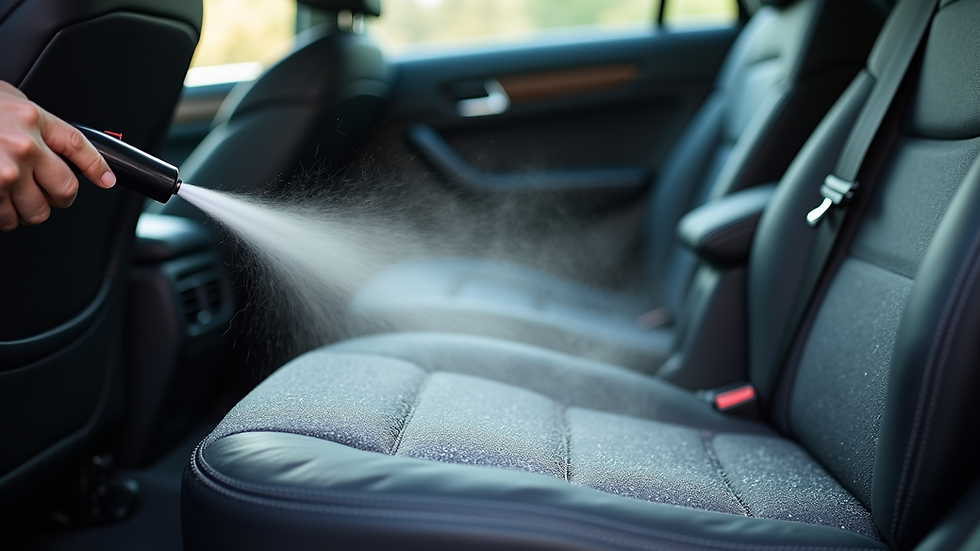 Close-up view of car seat being steam cleaned