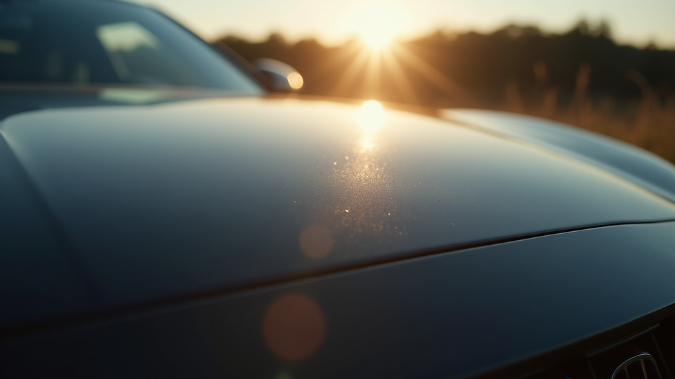 Close-up view of a shiny black car hood reflecting sunlight