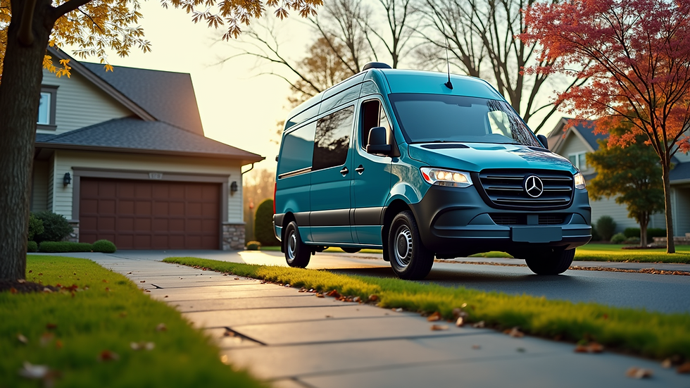 Eye-level view of a mobile auto detailing van parked in a residential driveway