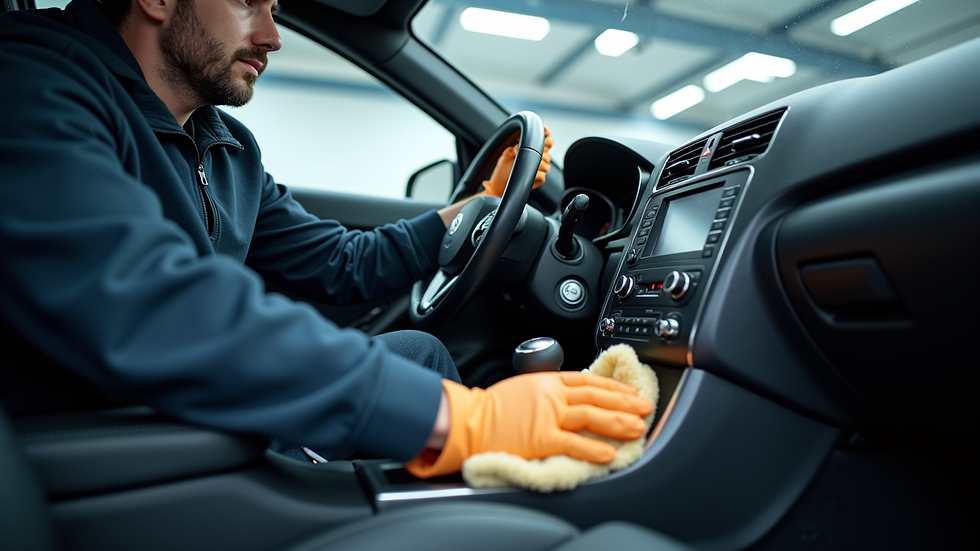 Eye-level view of a professional detailer cleaning a car interior