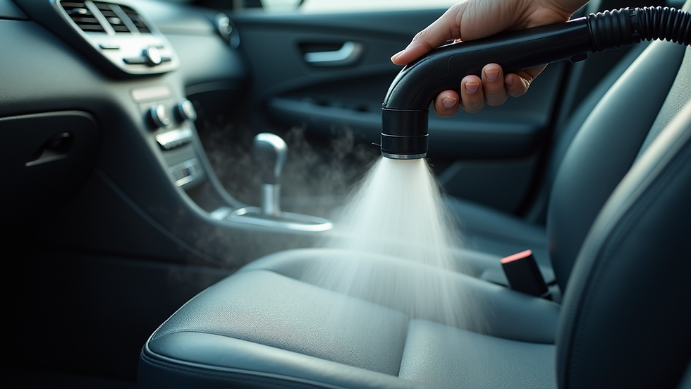 Close-up view of steam cleaner nozzle spraying hot steam on car seat fabric