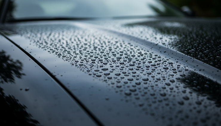 Close-up of water beading on the hood of a freshly protected vehicle