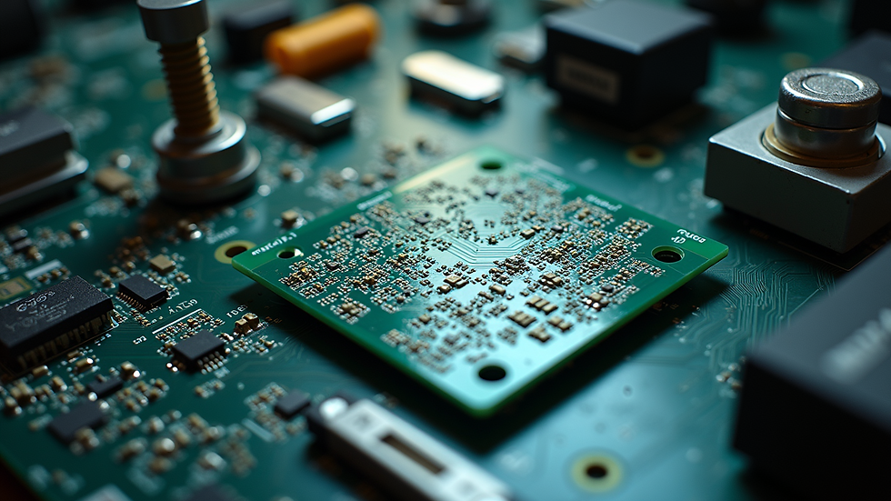High angle view of a prototype PCB board on a workbench with testing equipment