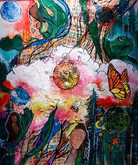 Mixed media painting with imagery of people, and nature incorporating bingo cards