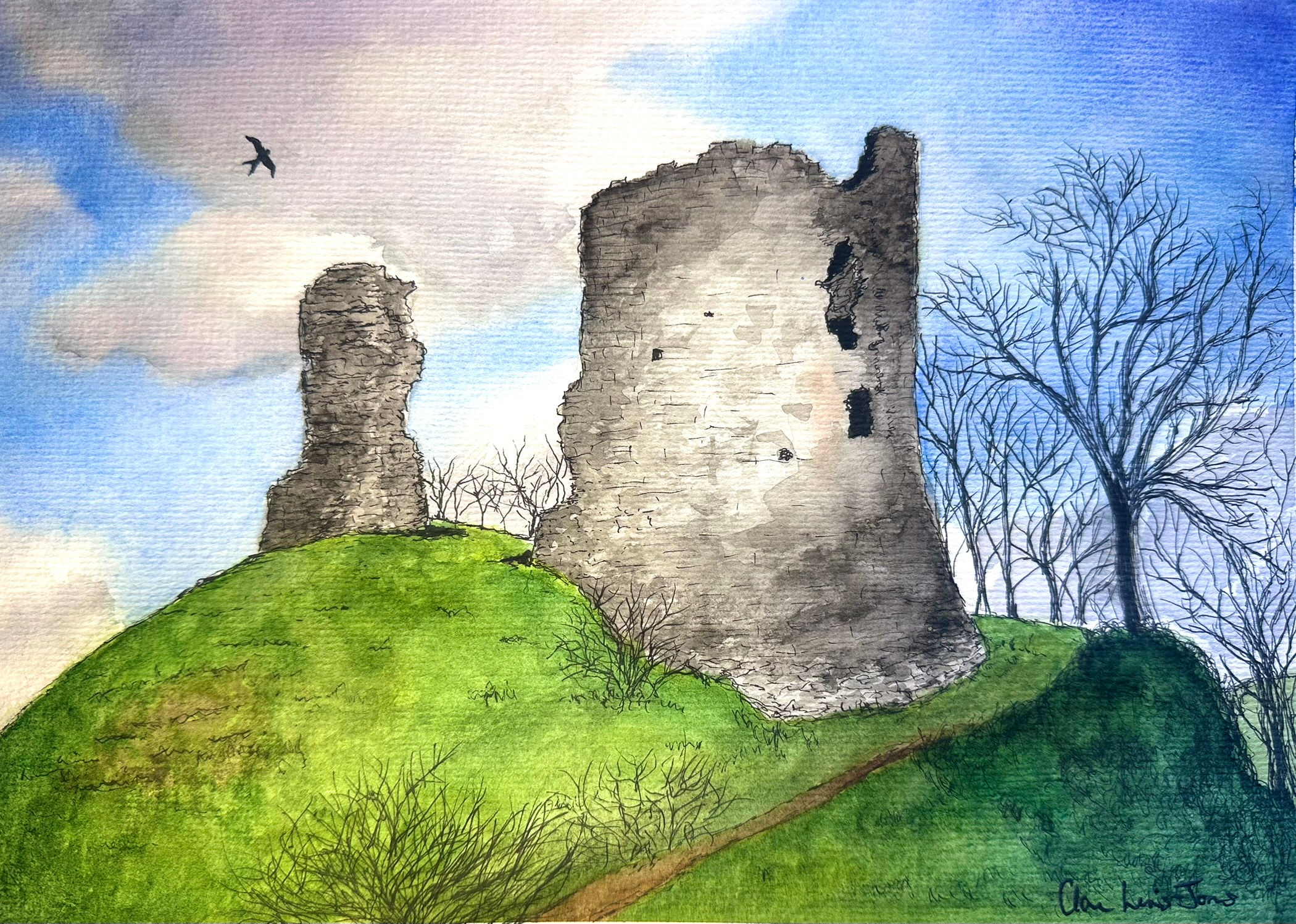 Red Kite over Llandovery Castle - Mounted Print