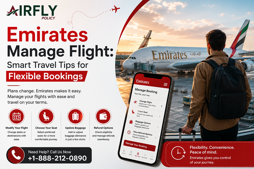 Emirates travel ad with man at airport, airplane at sunset, and phone showing Manage Booking; promotes flexible bookings.