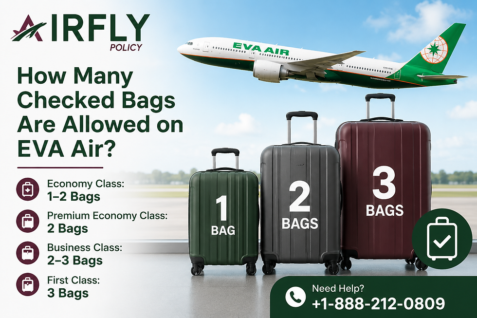 Three suitcases labeled 1, 2, 3 bags on airport floor with EVA Air plane above. Text details luggage allowances by class.