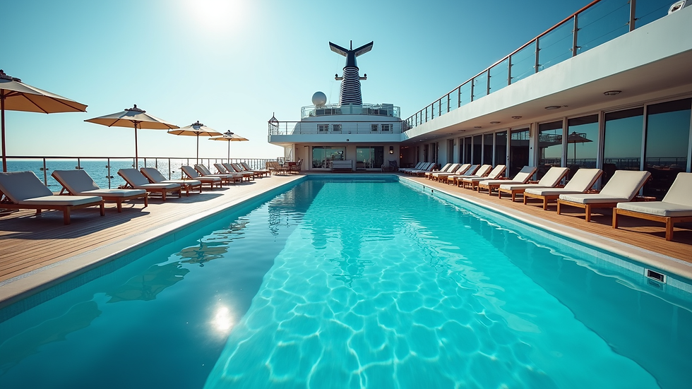 Wide angle view of luxury cruise ship pool deck with sun loungers and ocean view