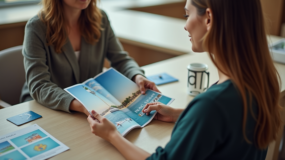 High angle view of a travel agent showing a holiday brochure to a customer