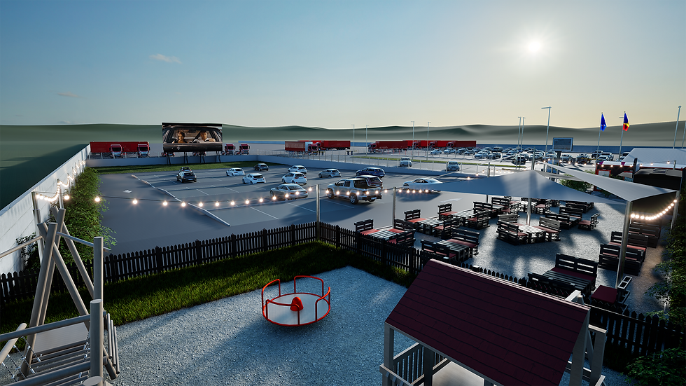 A 3D visualization of an outdoor cinema with a playground