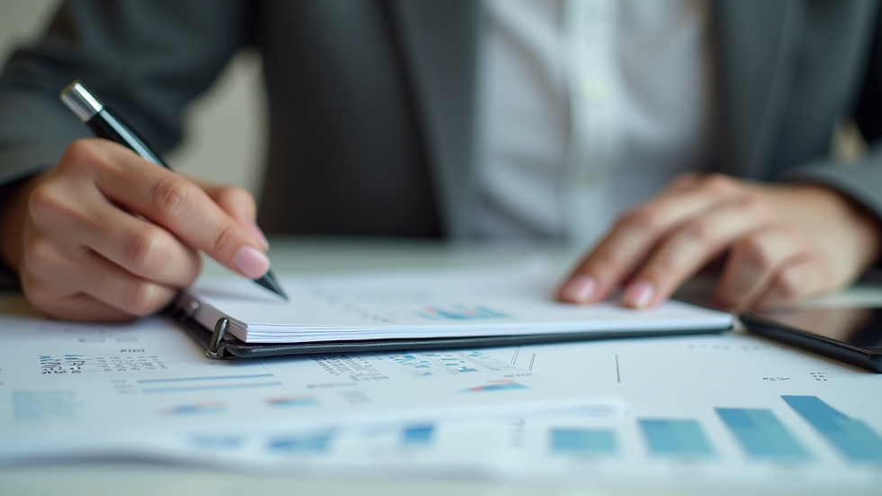 Close-up view of a person reviewing a budget planner and financial documents