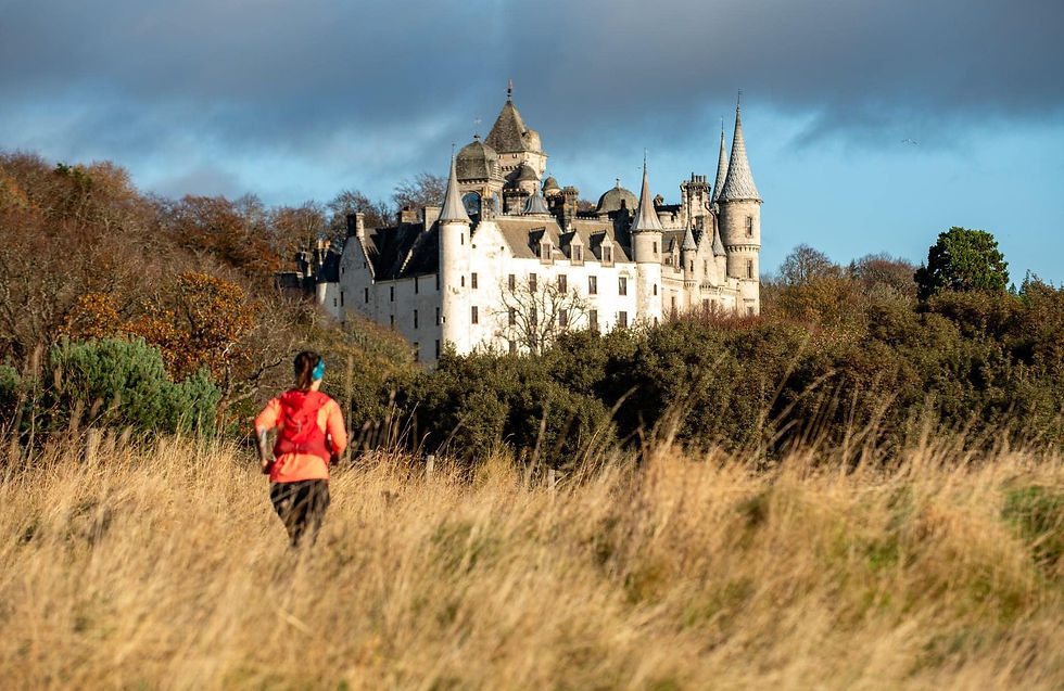 Runner in red jacket on grassy field, heading toward a large white castle amid trees under a cloudy blue sky. Autumn colors in the foliage.