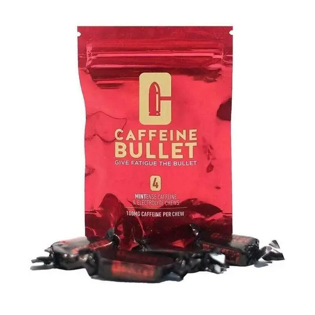 Red bag labeled "Caffeine Bullet" with candies in front. Text: "Give Fatigue the Bullet," "4," "100mg caffeine per chew." Energetic feel.