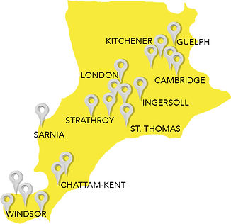 Map of Southwestern Ontario with Clients pinned
