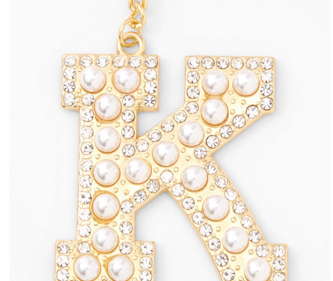 Gold Bling Initial Pom Pom Keychain - Pink, K