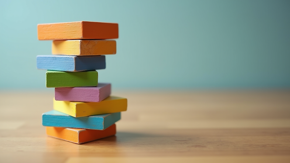 Eye-level view of colorful wooden building blocks stacked neatly