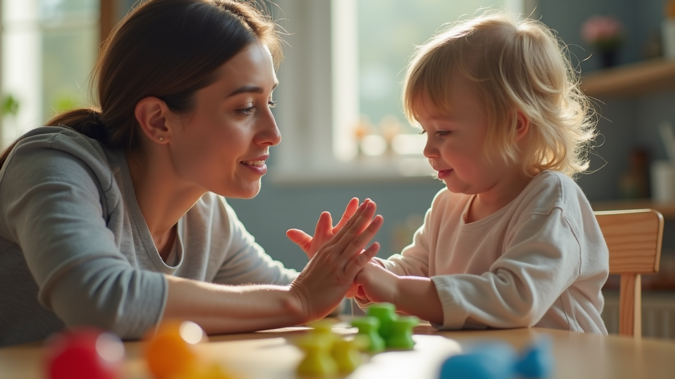 Eye-level view of a teacher gently praising a young child during playtime
