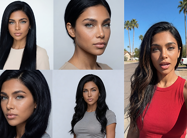 Collage of five photorealistic AI clone portraits showing the same dark-haired woman in multiple styles and angles