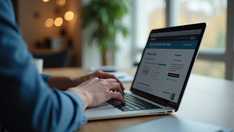 Close-up view of a person typing on a laptop with a website showing business information