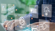 Person working on a laptop with digital media and AI marketing icons overlayed, including video, engagement, reviews, ideas,